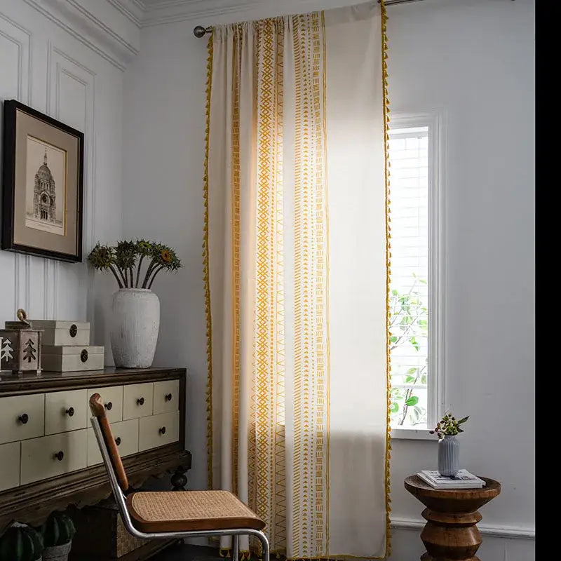 Bohemian ethnic geometry printed cream & black curtains living room