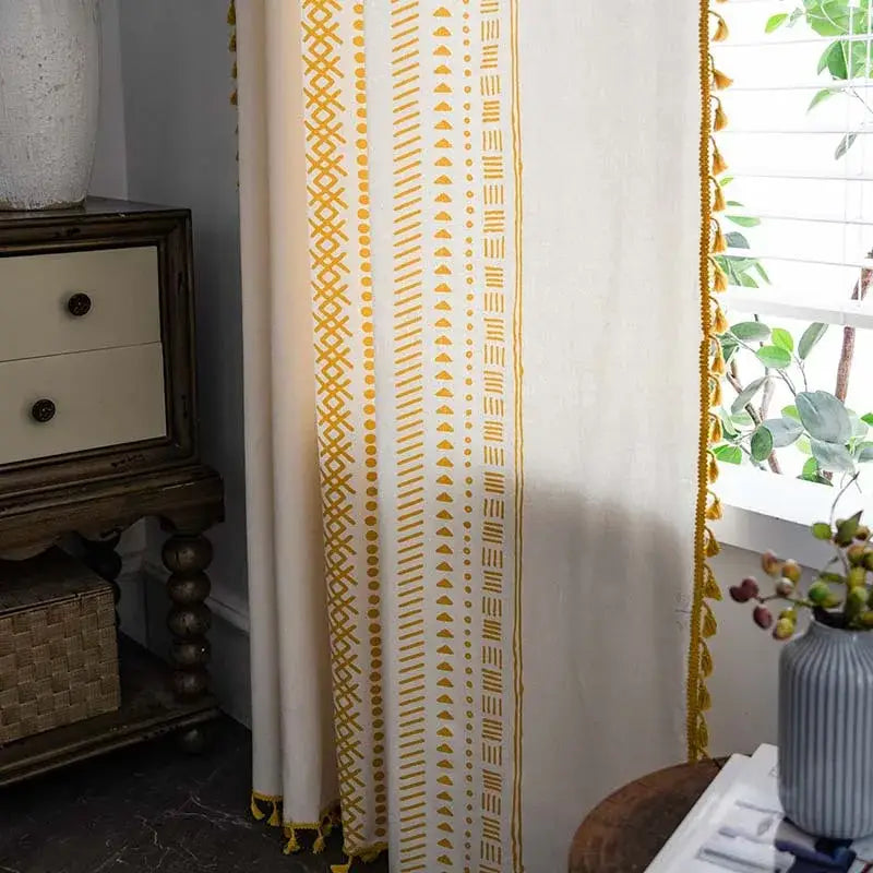 Bohemian ethnic geometry printed cream & black curtains living room