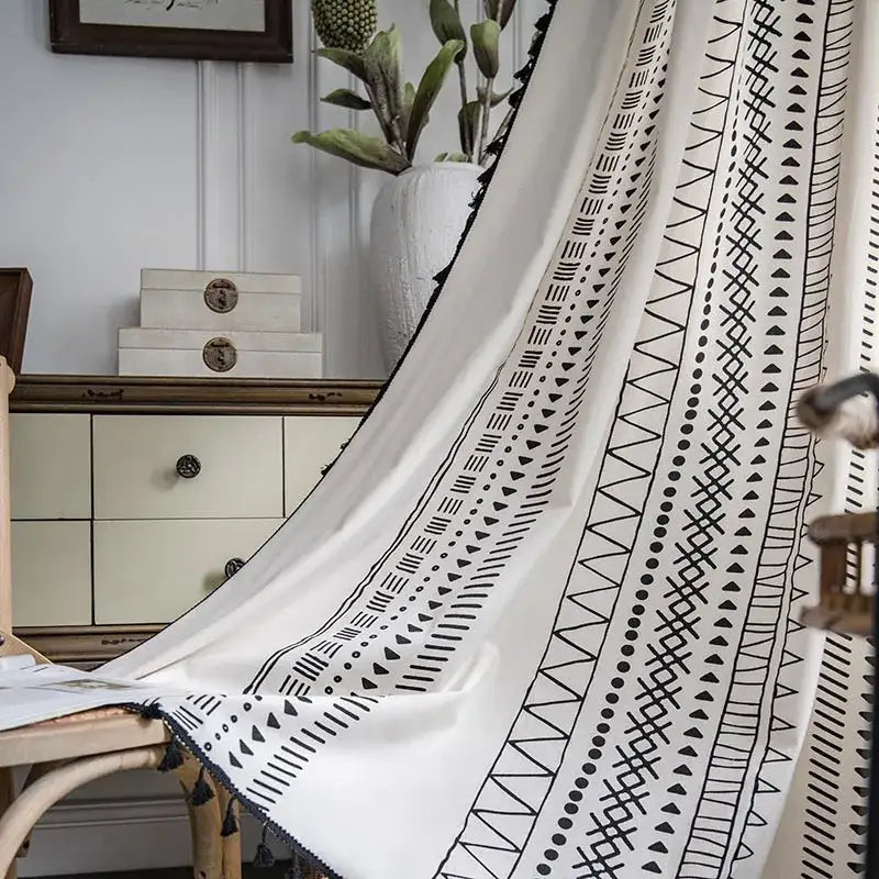 Bohemian ethnic geometry printed cream & black curtains living room