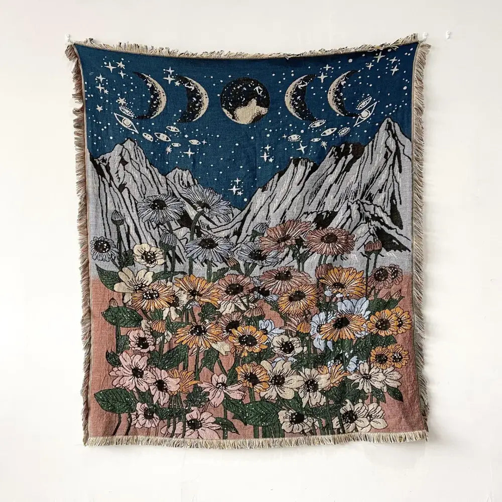 Bohemian floral celestial woven throw blanket living room fringed tapestry