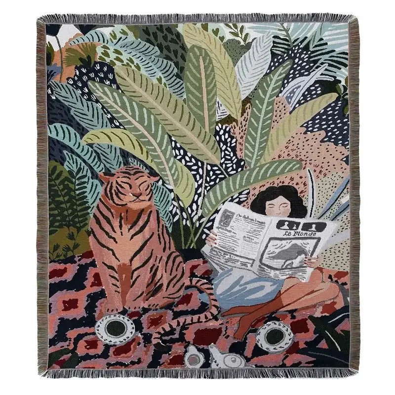 Bohemian floral celestial woven throw blanket living room fringed tapestry