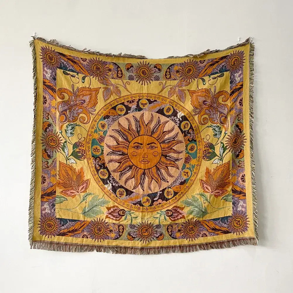 Bohemian floral celestial woven throw blanket living room fringed tapestry