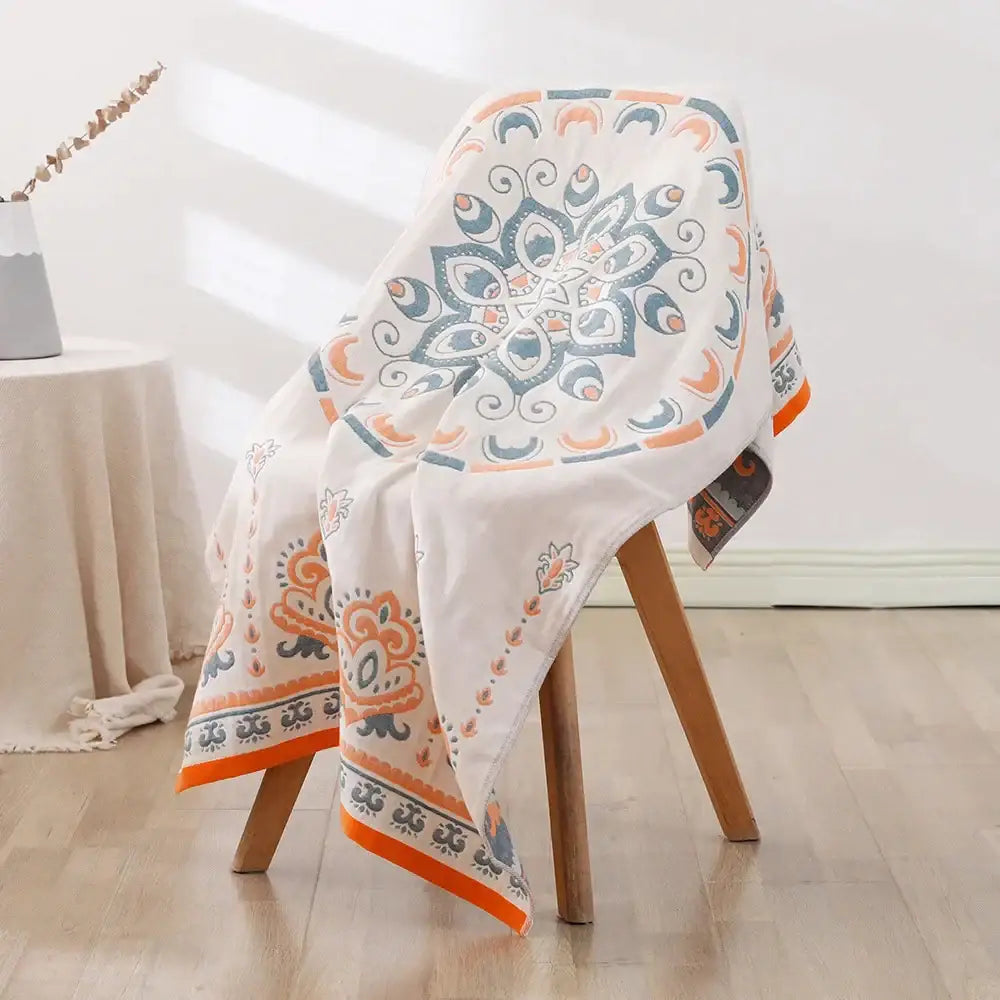 Bohemian floral cotton bath towel orange & teal bathroom wrap