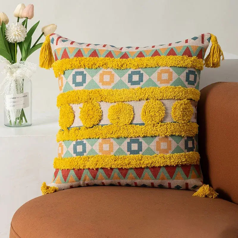 Bohemian floral throw pillow cover with tassels for living room