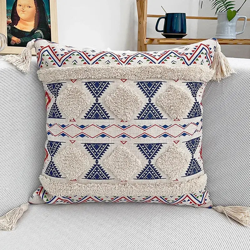 Bohemian floral throw pillow cover with tassels for living room