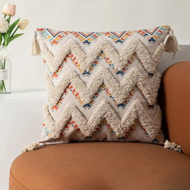 Bohemian floral throw pillow cover with tassels for living room