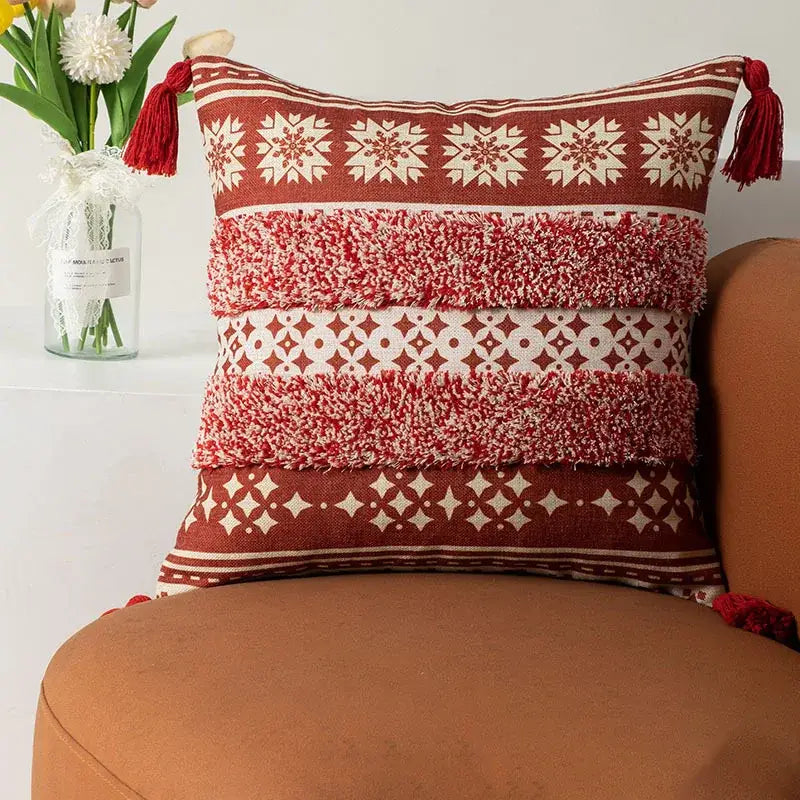 Bohemian floral throw pillow cover with tassels for living room