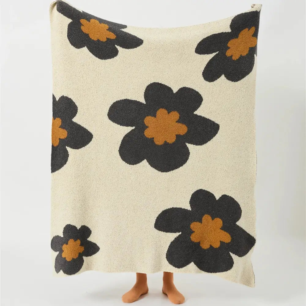 Bohemian flower knitted throw blanket cream floral bedroom decor