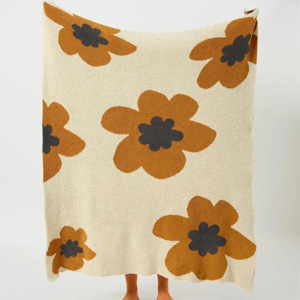 Bohemian flower knitted throw blanket cream floral bedroom decor