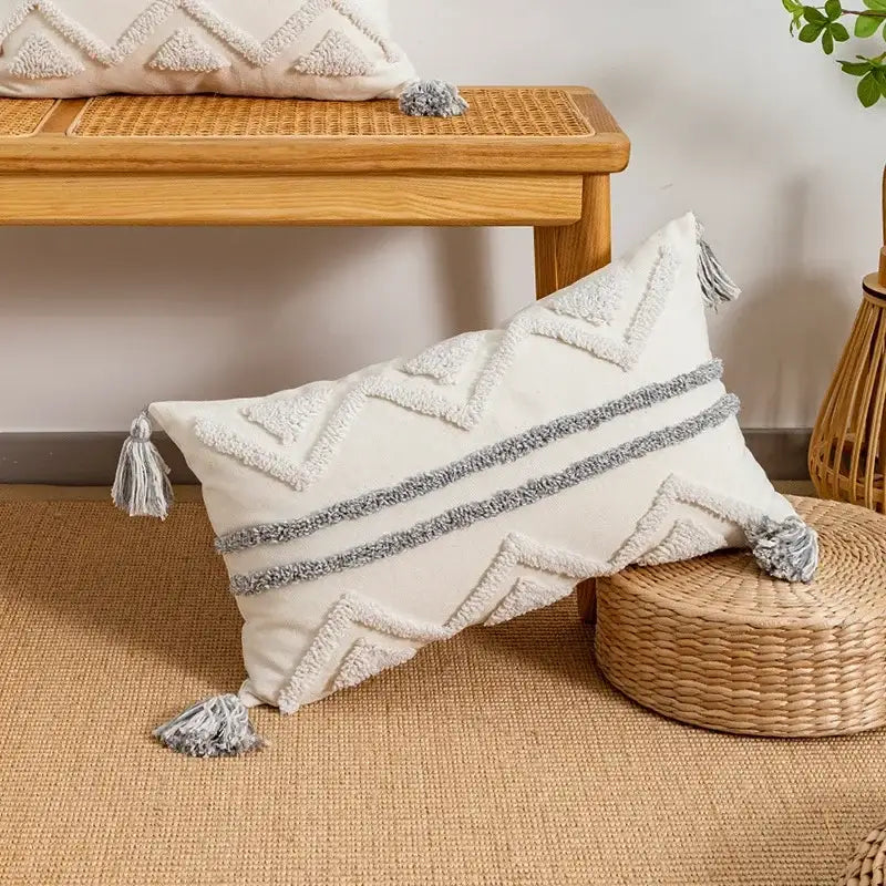 Bohemian geometric tufted cushion cover cream & grey living room