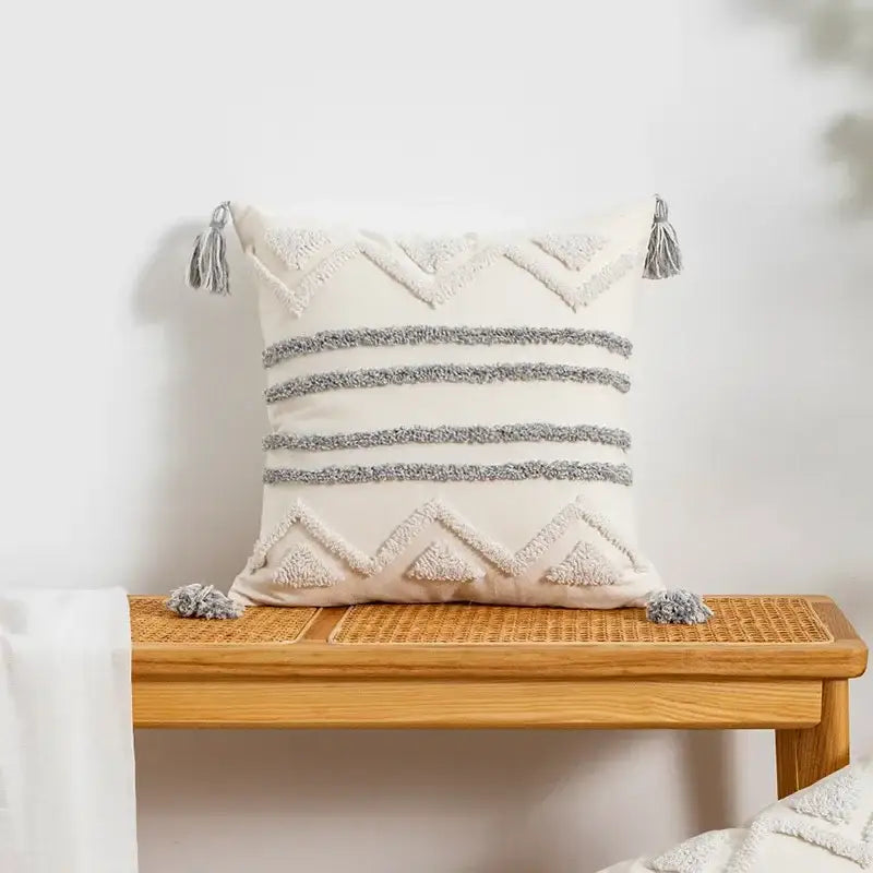Bohemian geometric tufted cushion cover cream & grey living room