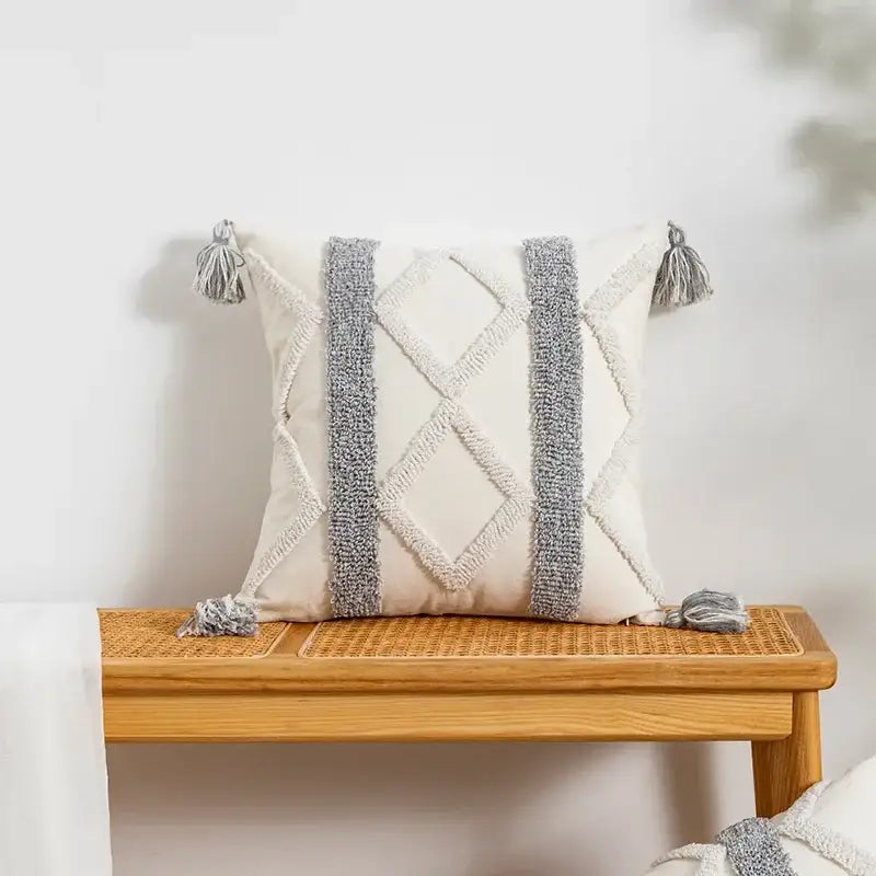 Bohemian geometric tufted cushion cover cream & grey living room