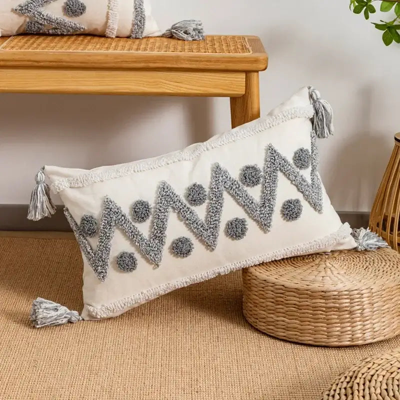 Bohemian geometric tufted cushion cover cream & grey living room