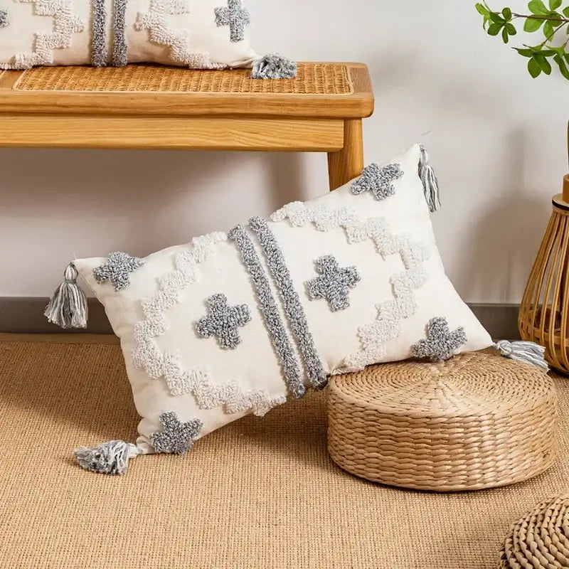 Bohemian geometric tufted cushion cover cream & grey living room