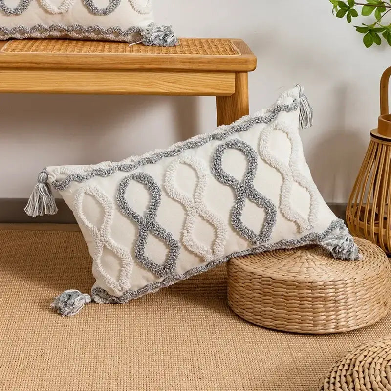 Bohemian geometric tufted cushion cover cream & grey living room