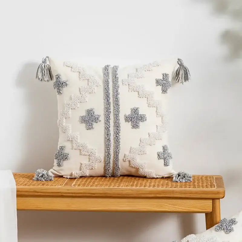 Bohemian geometric tufted cushion cover cream & grey living room
