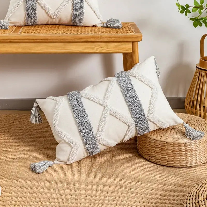 Bohemian geometric tufted cushion cover cream & grey living room