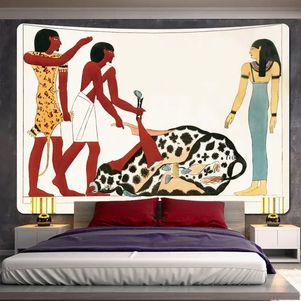 Bohemian gold & red egyptian mural tapestry bedroom yoga mat