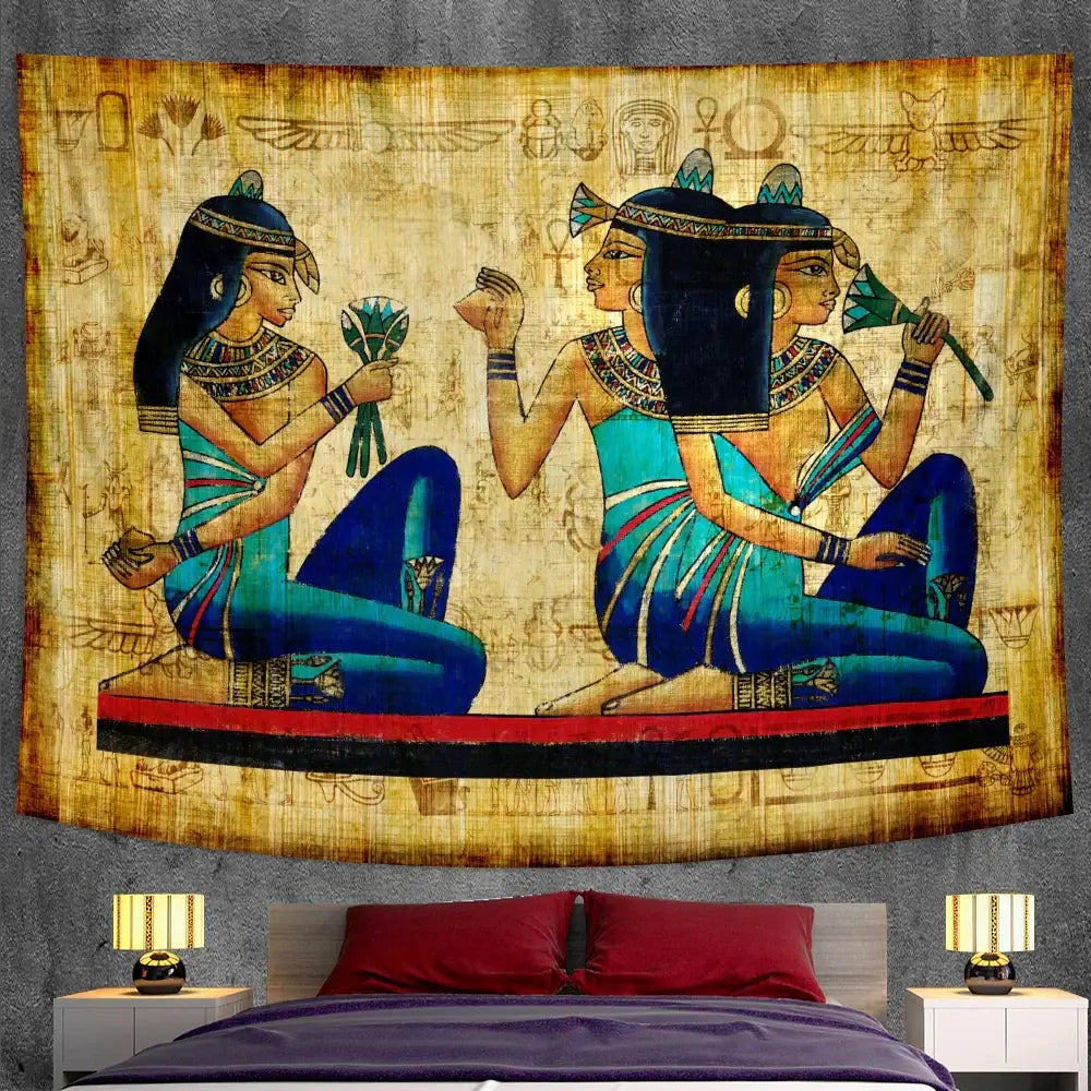 Bohemian gold & red egyptian mural tapestry bedroom yoga mat