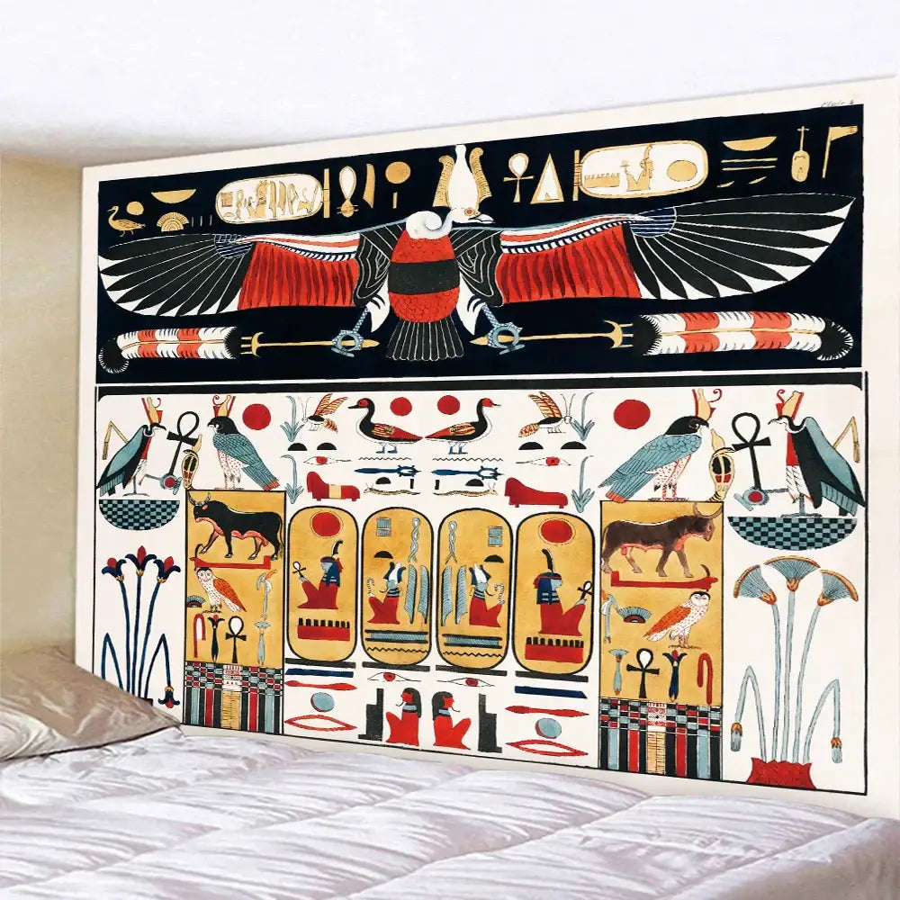 Bohemian gold & red egyptian mural tapestry bedroom yoga mat