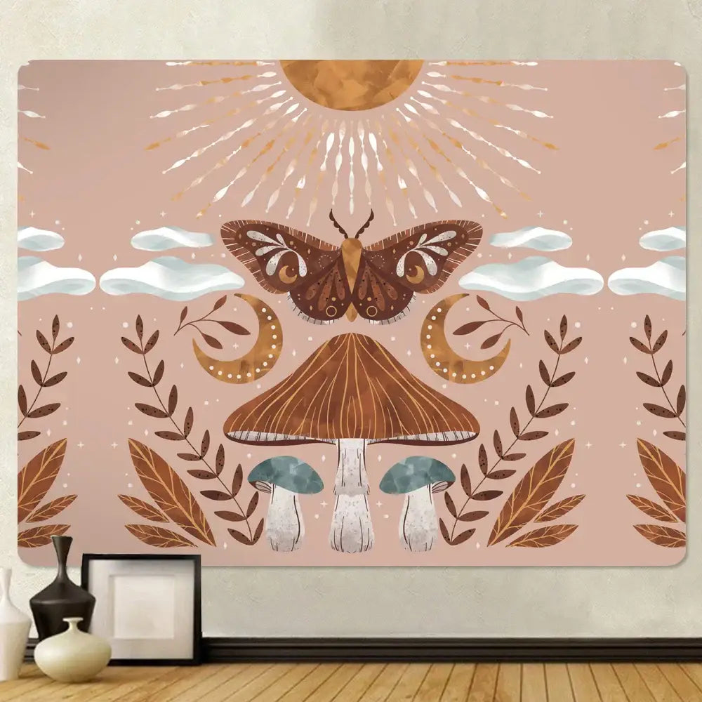 Bohemian home art tapestry pink moth and mushroom bedroom blanket