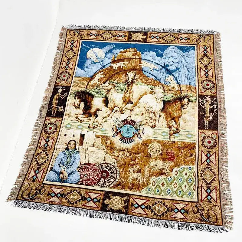 Bohemian jacquard sofa blanket pastoral autumn scene living room