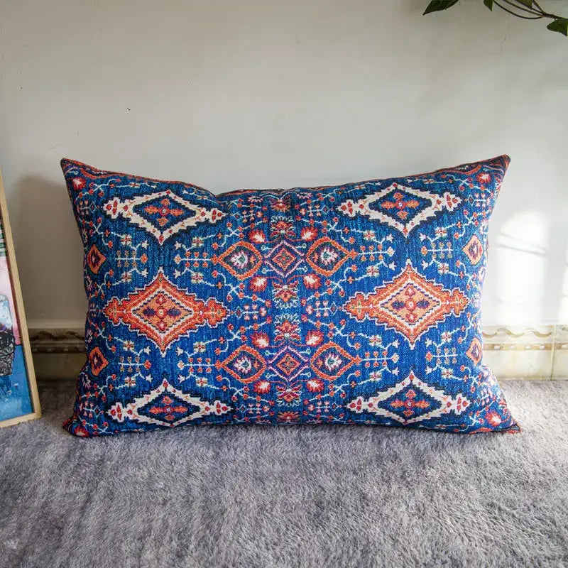 Bohemian jute linen blue & red geometric pillow covers living room