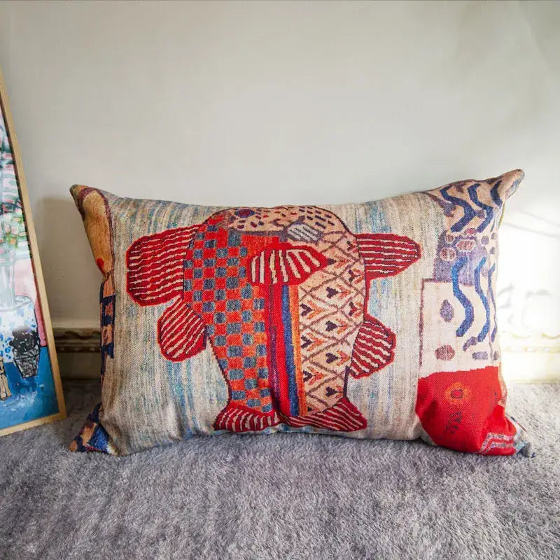 Bohemian jute linen blue & red geometric pillow covers living room