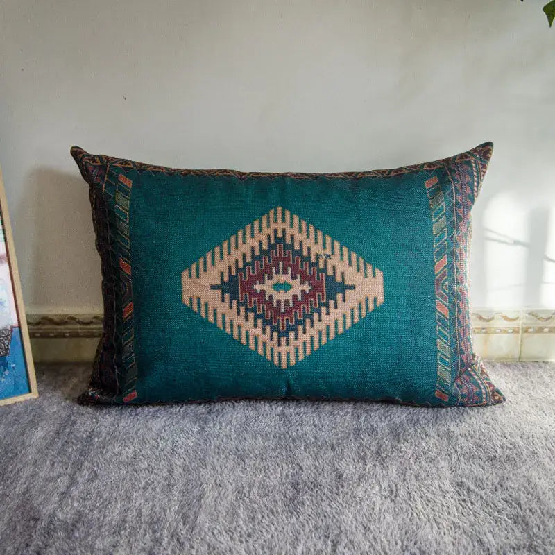 Bohemian jute linen blue & red geometric pillow covers living room