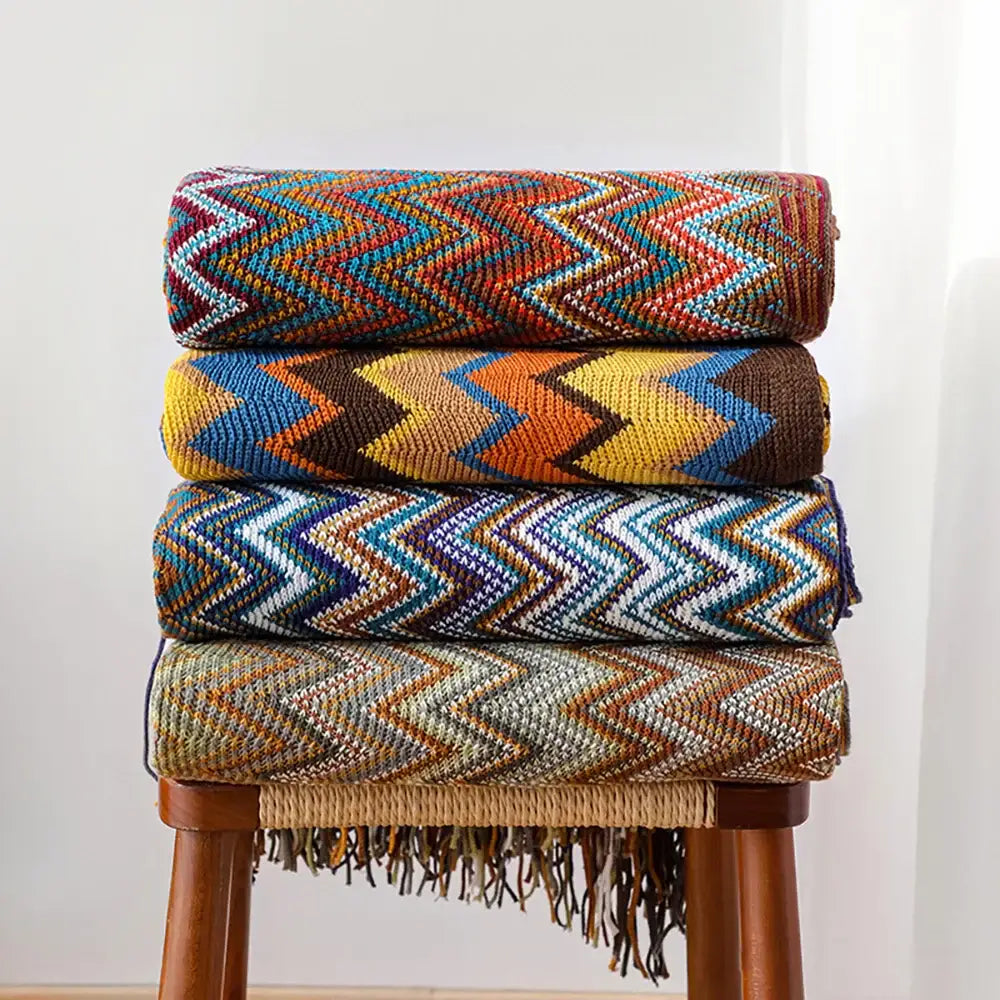 Bohemian knit tassel blanket multicolored zigzag throw bedroom decor