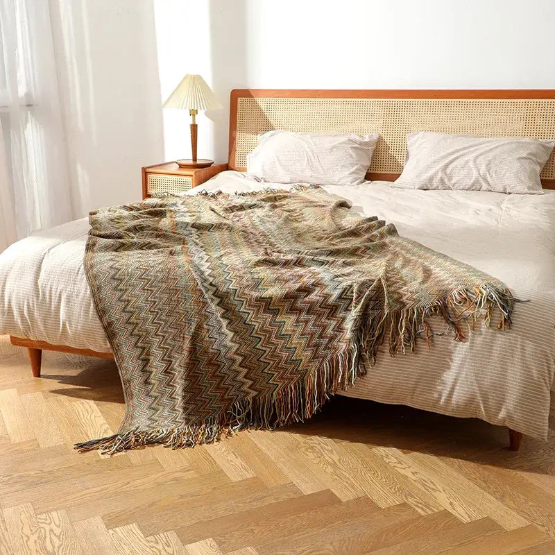 Bohemian knit tassel blanket multicolored zigzag throw bedroom decor