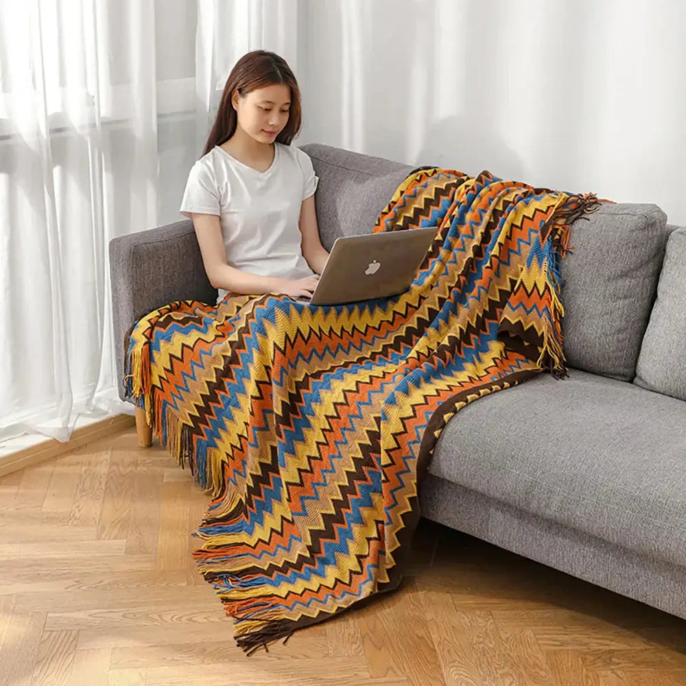 Bohemian knit tassel blanket multicolored zigzag throw bedroom decor