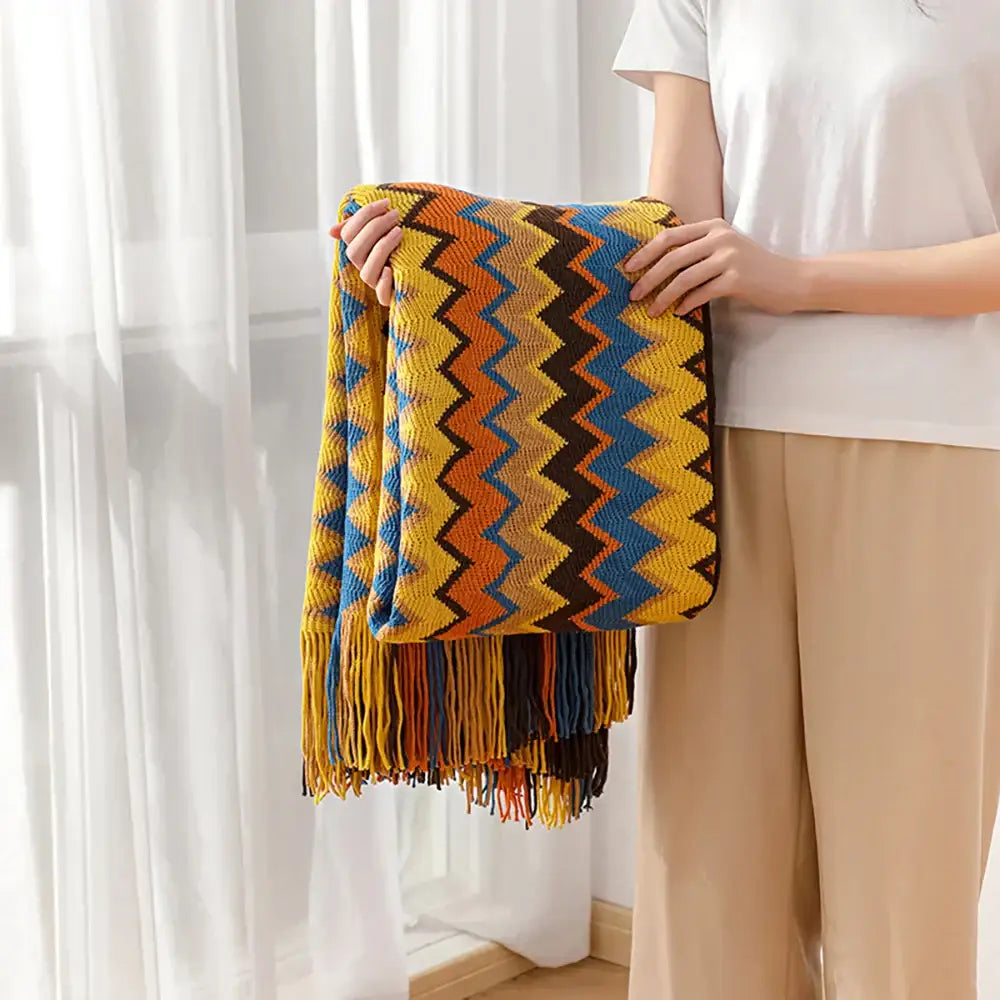 Bohemian knit tassel blanket multicolored zigzag throw bedroom decor
