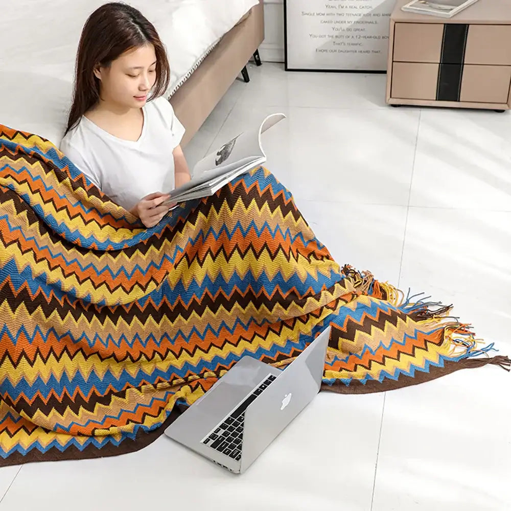 Bohemian knit tassel blanket multicolored zigzag throw bedroom decor