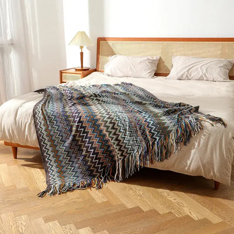 Bohemian knit tassel blanket multicolored zigzag throw bedroom decor