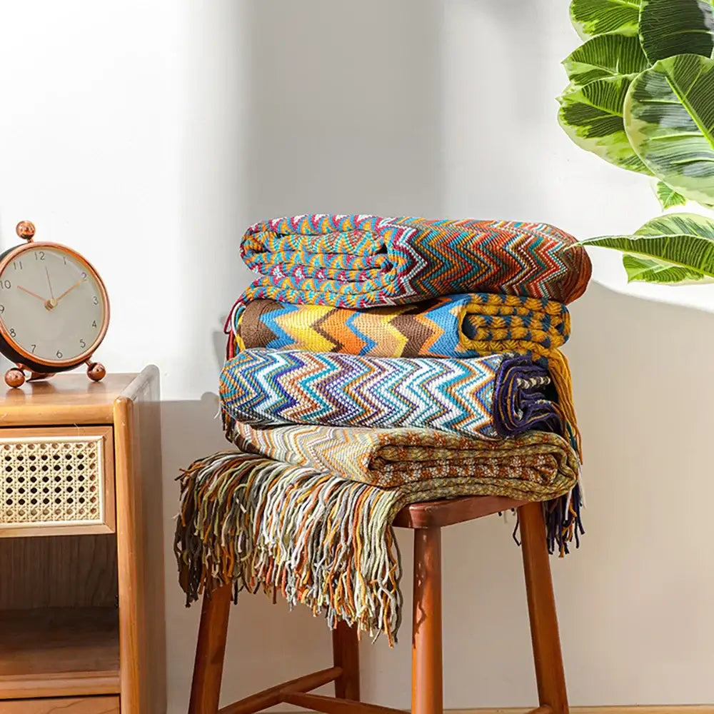 Bohemian knit tassel blanket multicolored zigzag throw bedroom decor