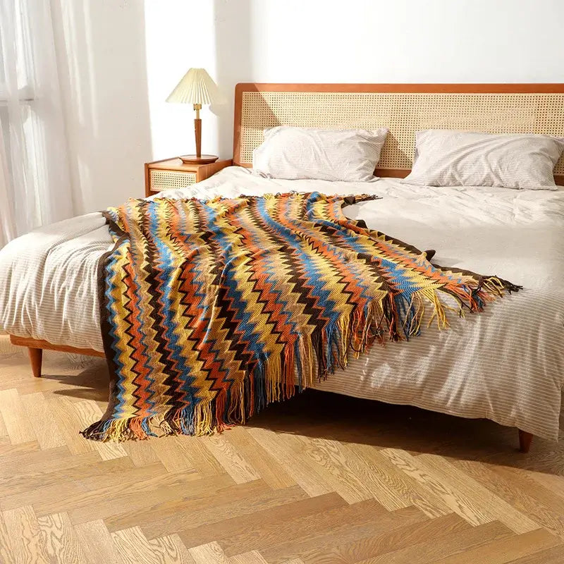 Bohemian knit tassel blanket multicolored zigzag throw bedroom decor