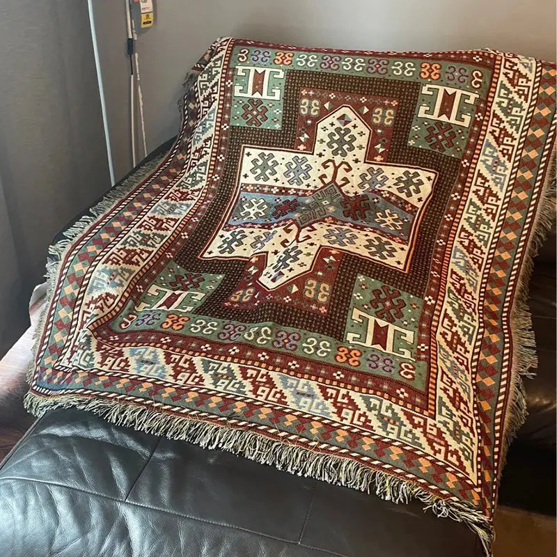 Bohemian knit throw blanket red & blue geometric living room decor