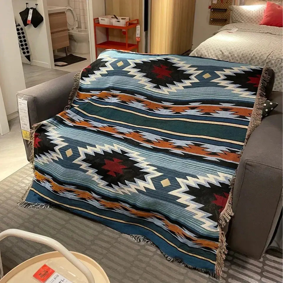 Bohemian knit throw blanket red & blue geometric living room decor