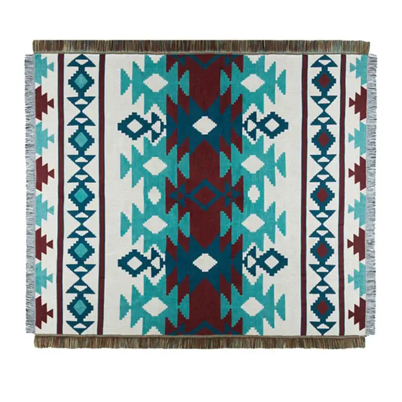 Bohemian knit throw blanket red & blue geometric living room decor