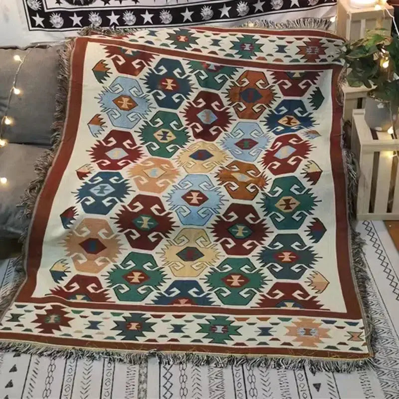 Bohemian knit throw blanket red & blue geometric living room decor