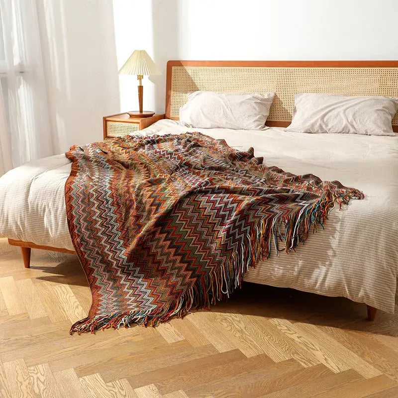Bohemian knitted blanket multi color zigzag throw for living room