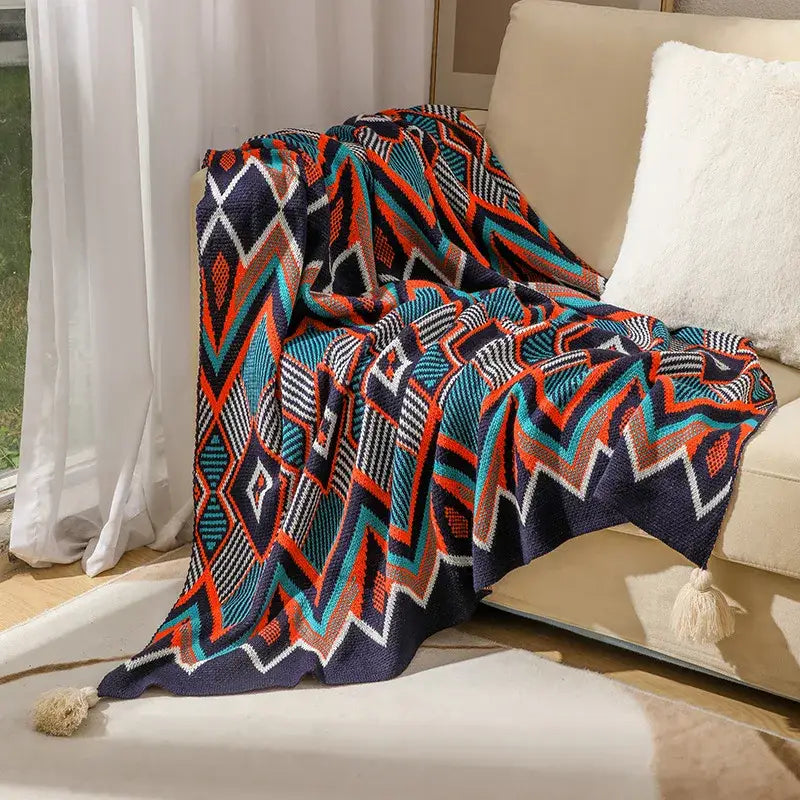Bohemian knitted throw blanket cream geometric bedroom bedspread