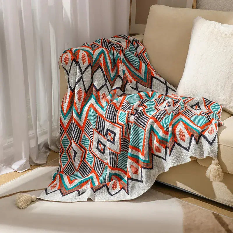Bohemian knitted throw blanket cream geometric bedroom bedspread