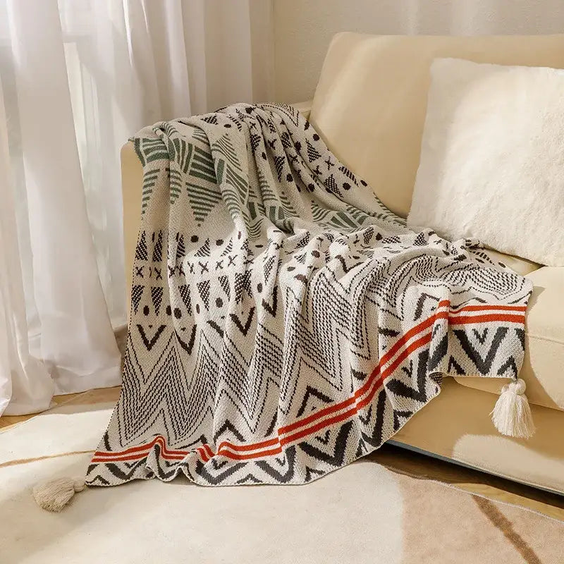 Bohemian knitted throw blanket cream geometric bedroom bedspread