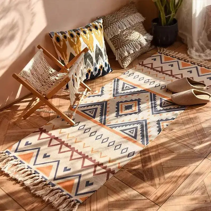 Bohemian linen plaid cotton weave rug orange & navy living room runner