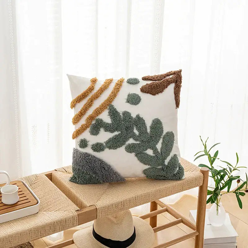Bohemian loop white plush cushion cover living room leaf decor
