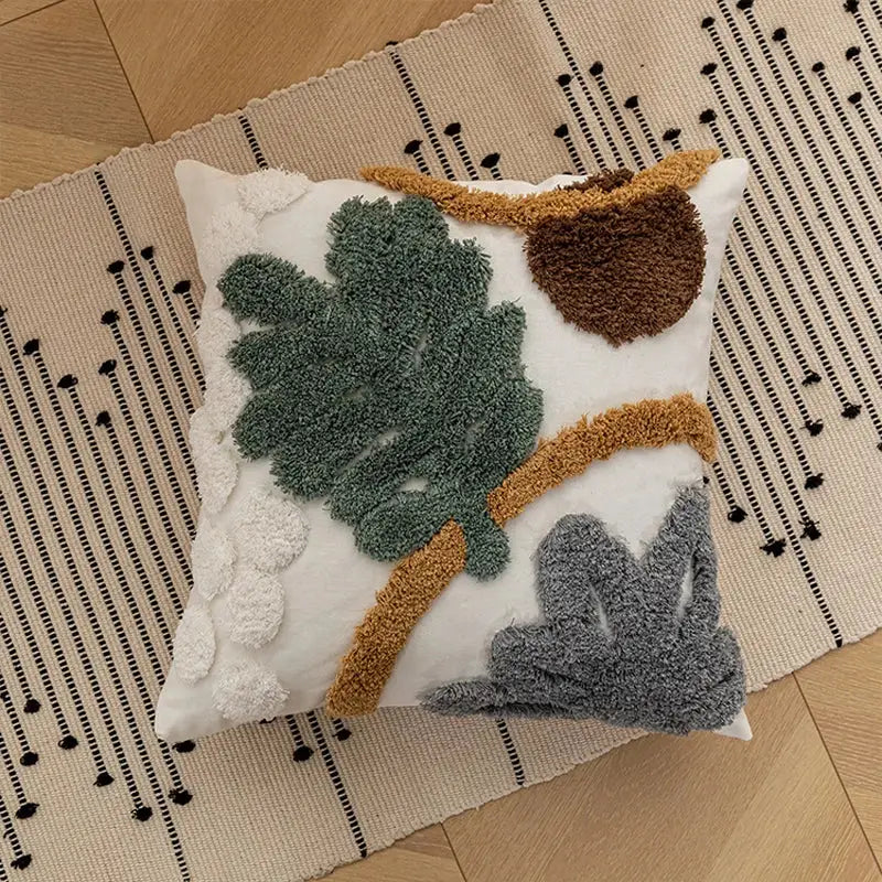 Bohemian loop white plush cushion cover living room leaf decor