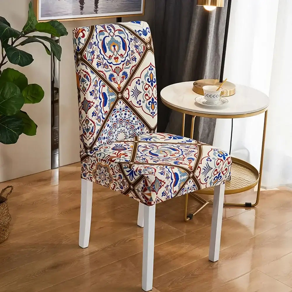 Bohemian mandala stretch chair cover navy & gold dining room slipcover