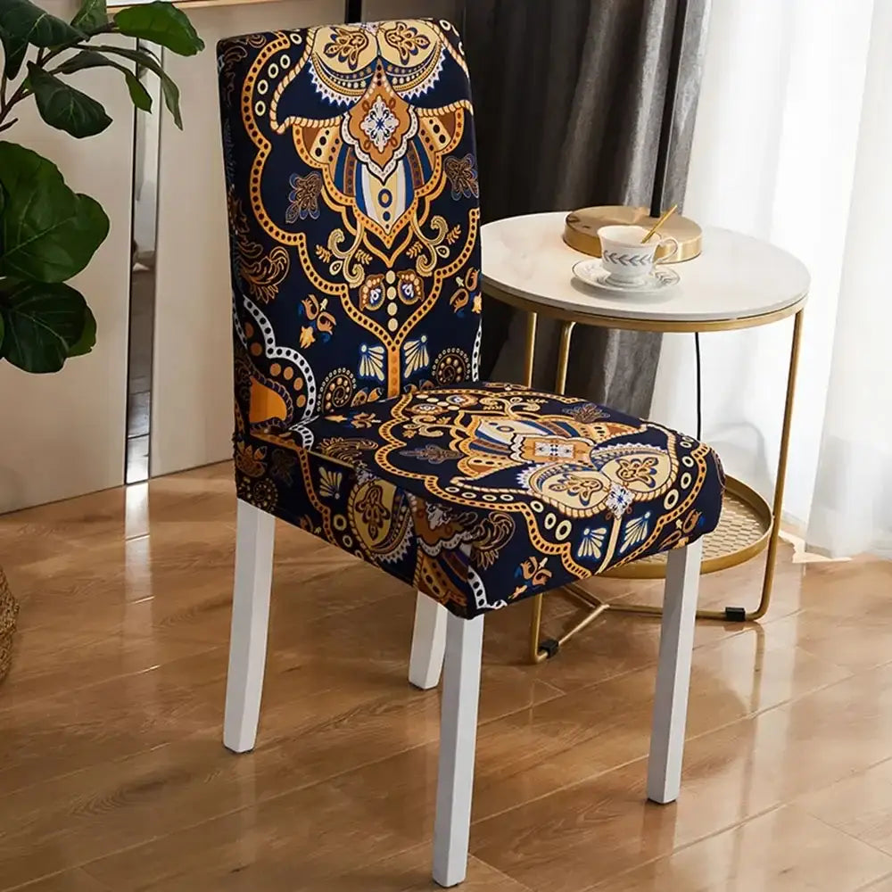 Bohemian mandala stretch chair cover navy & gold dining room slipcover